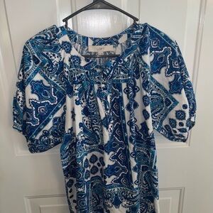 LOFT Boho Peasant Top Women’s Medium Blue White Paisley Print Blouse
